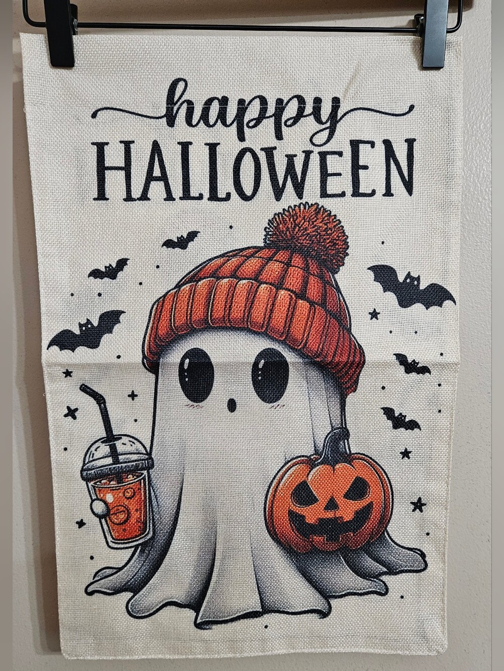 Halloween Ghost Burlap Yard Flag Orange Pumpkin Hat Design 12 X 18